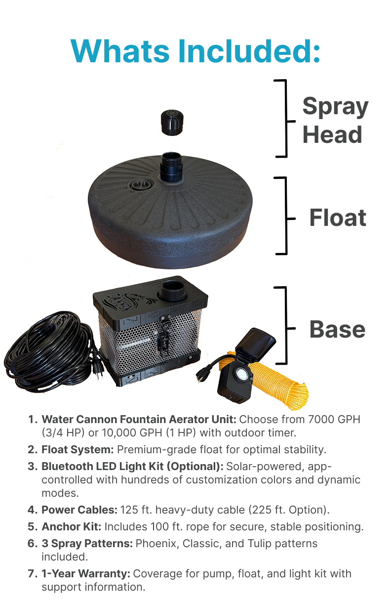 Floating Pond Fountain - 10,000 GPH - 125ft Power Cord - Bluetooth Light Option - Aerator