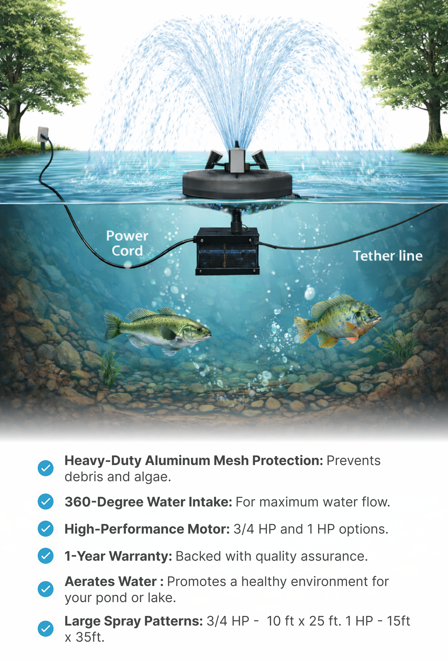 Floating Pond Fountain - 10,000 GPH - 125ft Power Cord - Bluetooth Light Option - Aerator