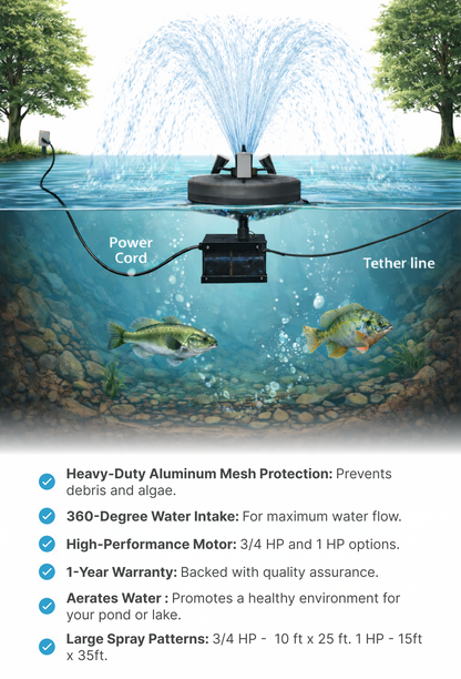Floating Pond Fountain - 10,000 GPH - 125ft Power Cord - Bluetooth Light Option - Aerator