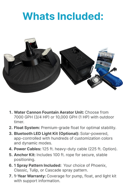 Floating Pond Fountain - 10,000 GPH - 125ft Power Cord - Bluetooth Light Option - Aerator